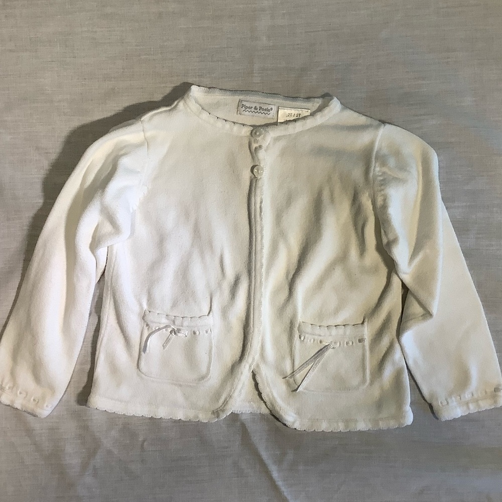PIPER & Posie white cardigan sweater with pockets and ribbon trim. Size 2T.